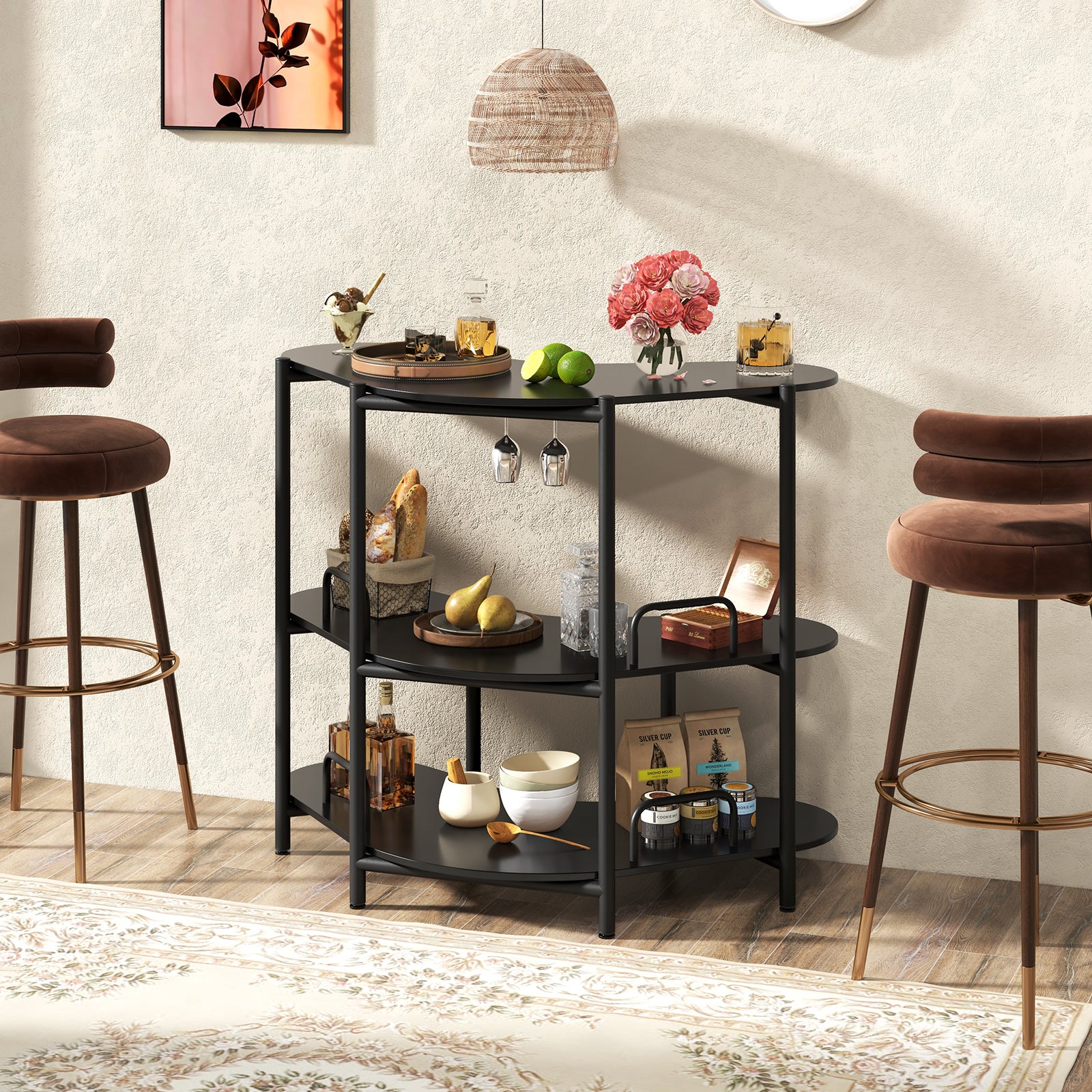 3-Tier Liquor Bar Table with Stemware Racks and Storage Shelves, Black Bar Tables at Gallery Canada