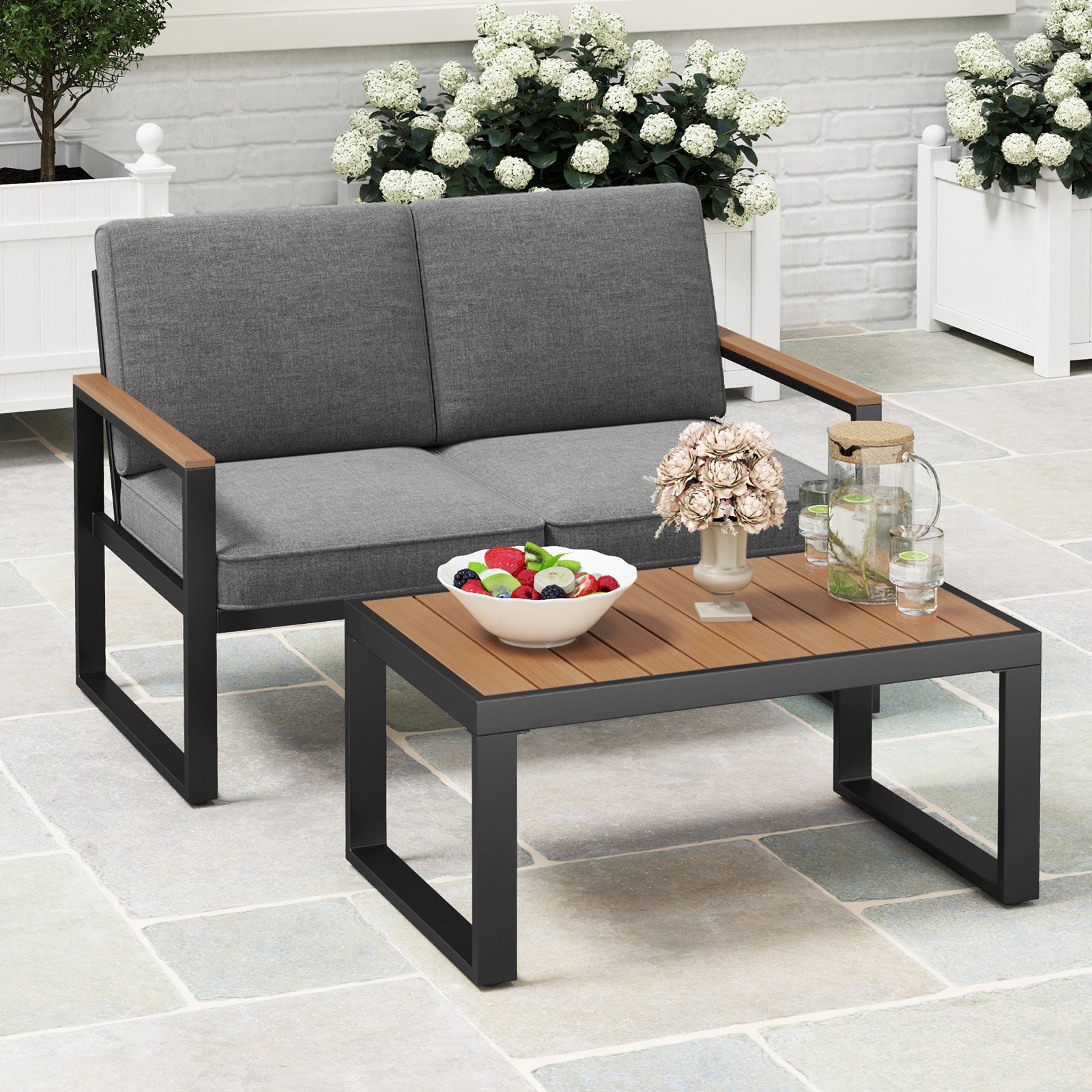 2 Piece Patio Aluminum Furniture Set with Wood-Plastic Armrests and Tabletop, Gray Patio Conversation Sets at Gallery Canada