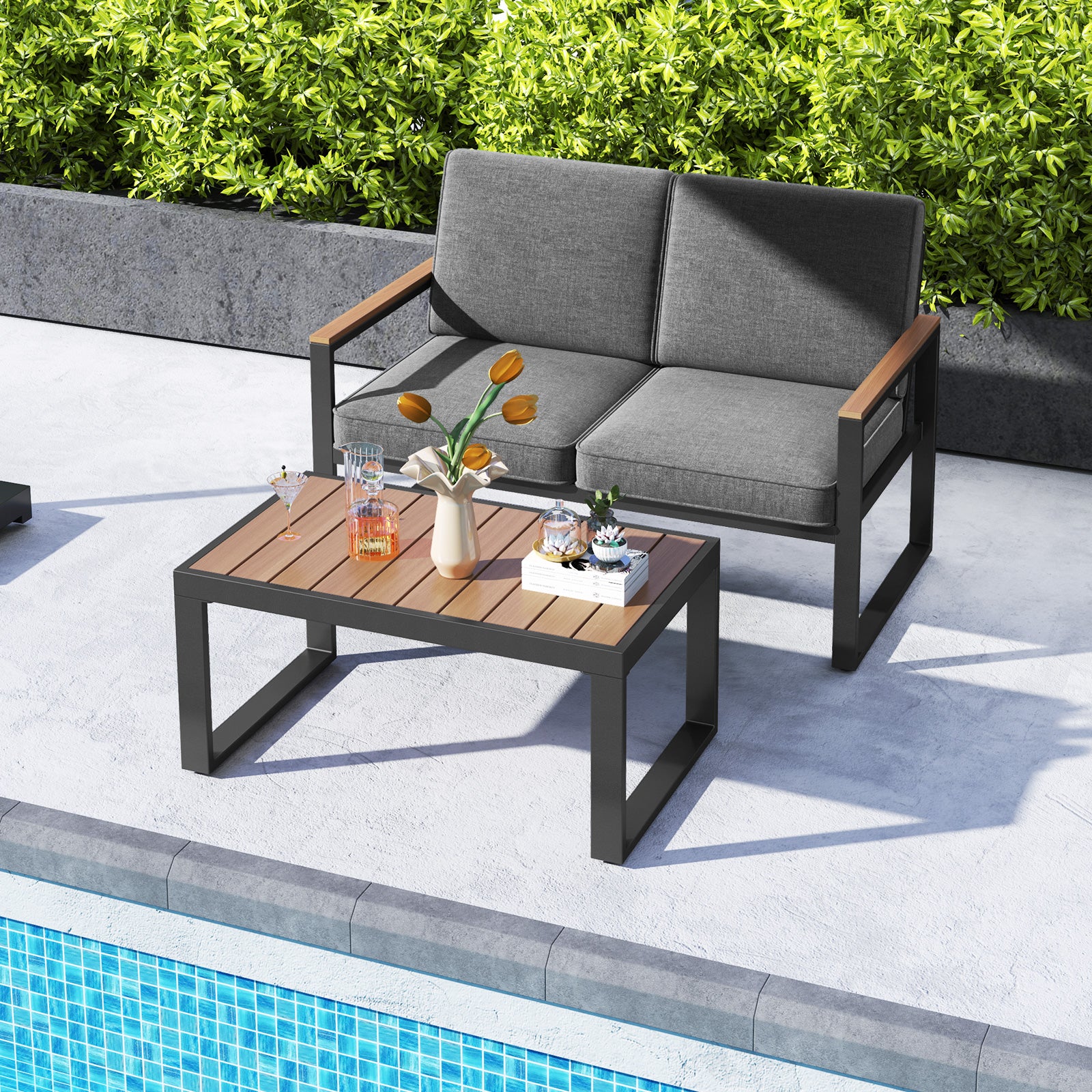 2 Piece Patio Aluminum Furniture Set with Wood-Plastic Armrests and Tabletop, Gray Patio Conversation Sets at Gallery Canada