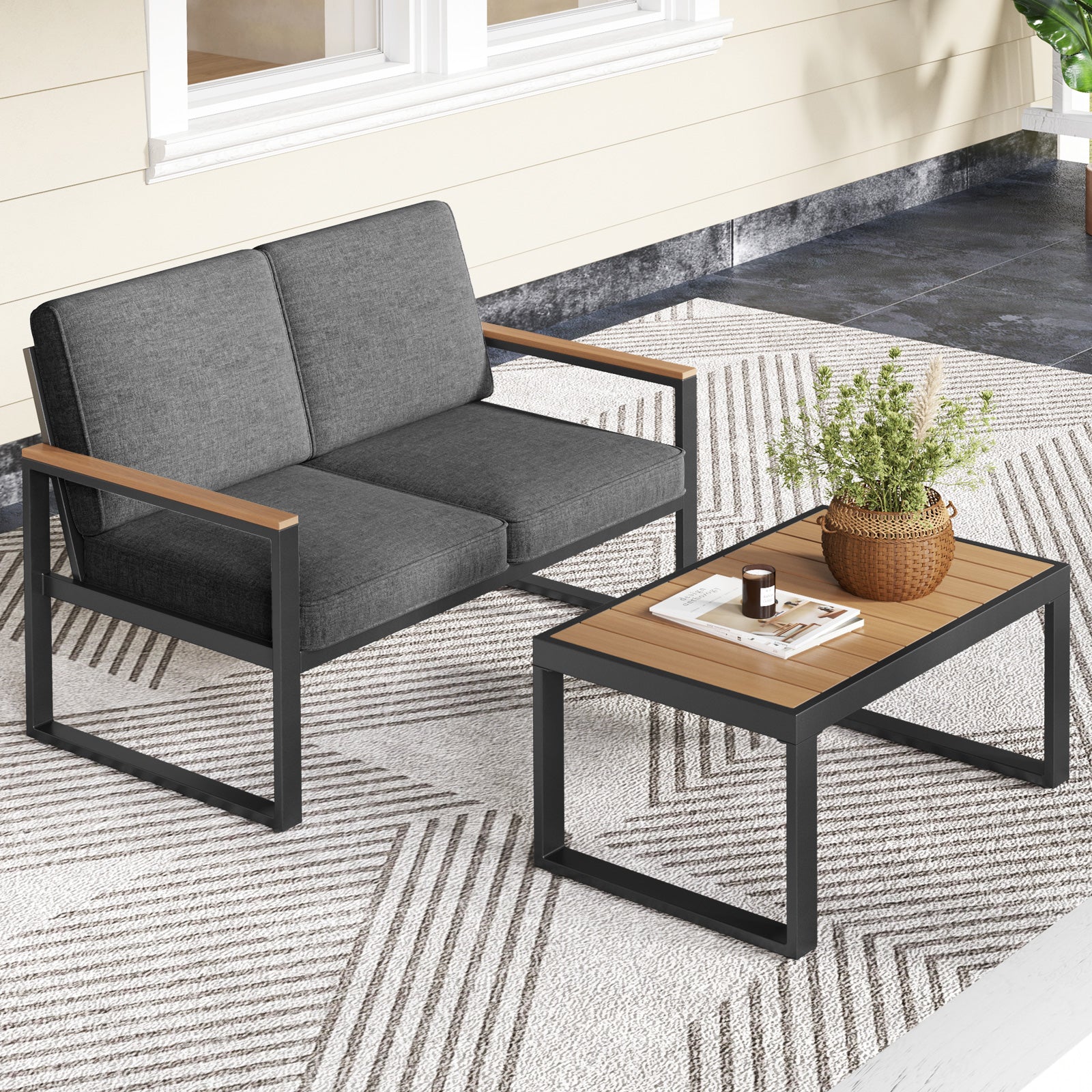 2 Piece Patio Aluminum Furniture Set with Wood-Plastic Armrests and Tabletop, Gray Patio Conversation Sets at Gallery Canada