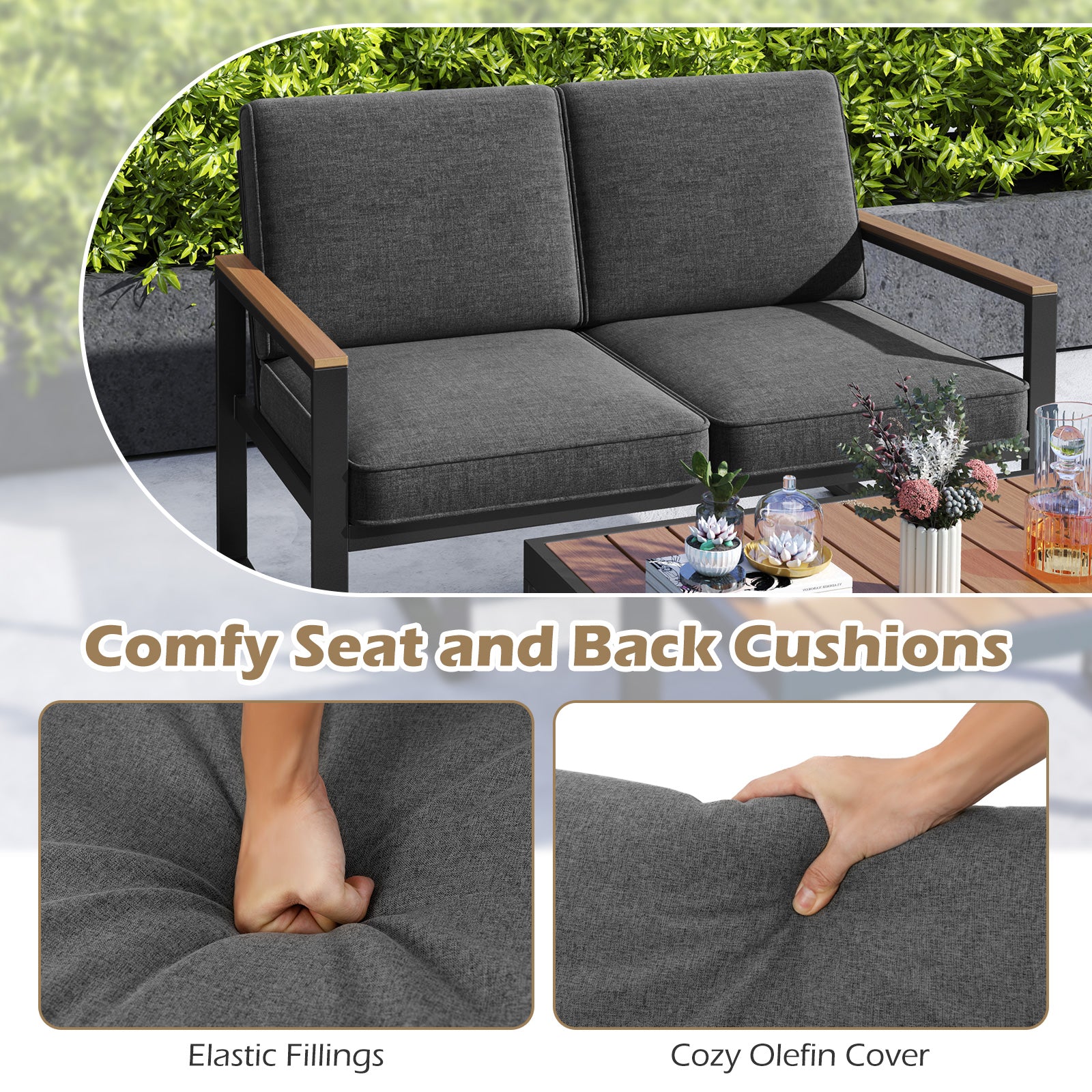 2 Piece Patio Aluminum Furniture Set with Wood-Plastic Armrests and Tabletop, Gray Patio Conversation Sets at Gallery Canada