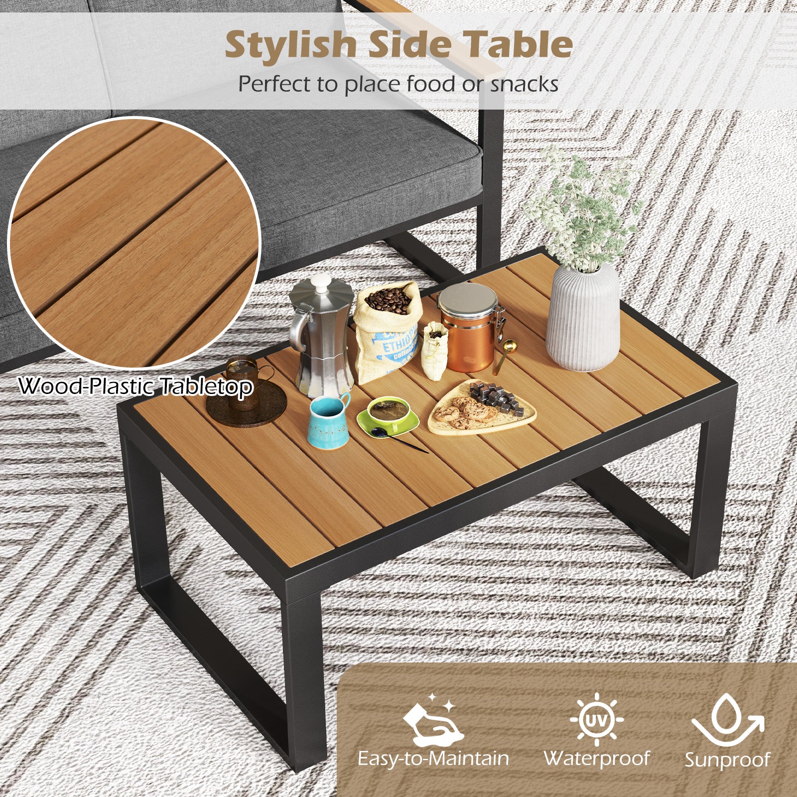 2 Piece Patio Aluminum Furniture Set with Wood-Plastic Armrests and Tabletop, Gray Patio Conversation Sets at Gallery Canada