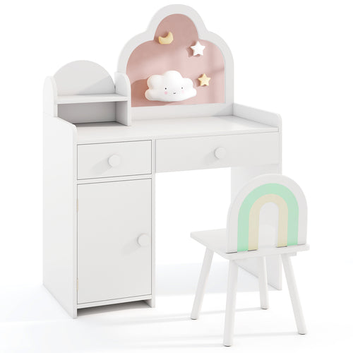 Kids Vanity Table and Chair Set with Cloud-shaped Mirror and Open Shelf, White