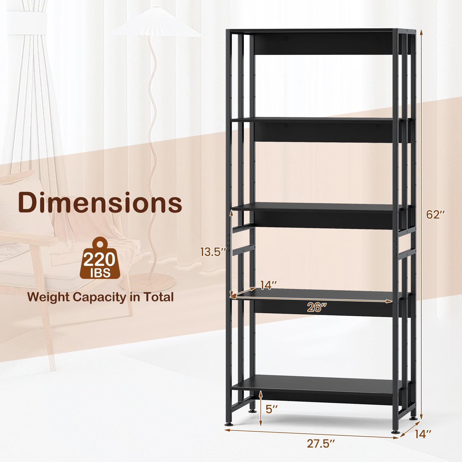 5-Tier Bookshelf with Adjustable and Tiltable Shelves, Black Bookcases at Gallery Canada