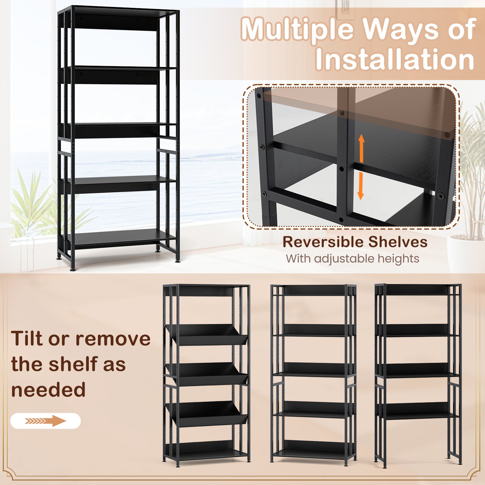 5-Tier Bookshelf with Adjustable and Tiltable Shelves, Black Bookcases at Gallery Canada