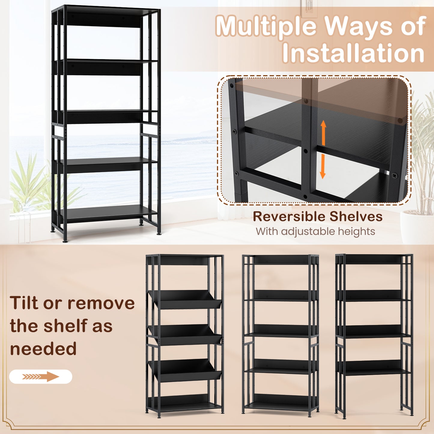 5-Tier Bookshelf with Adjustable and Tiltable Shelves, Black Bookcases at Gallery Canada