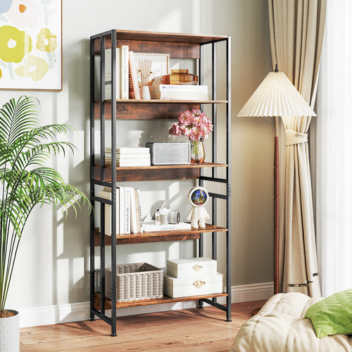 5-Tier Bookshelf with Adjustable and Tiltable Shelves, Rustic Brown