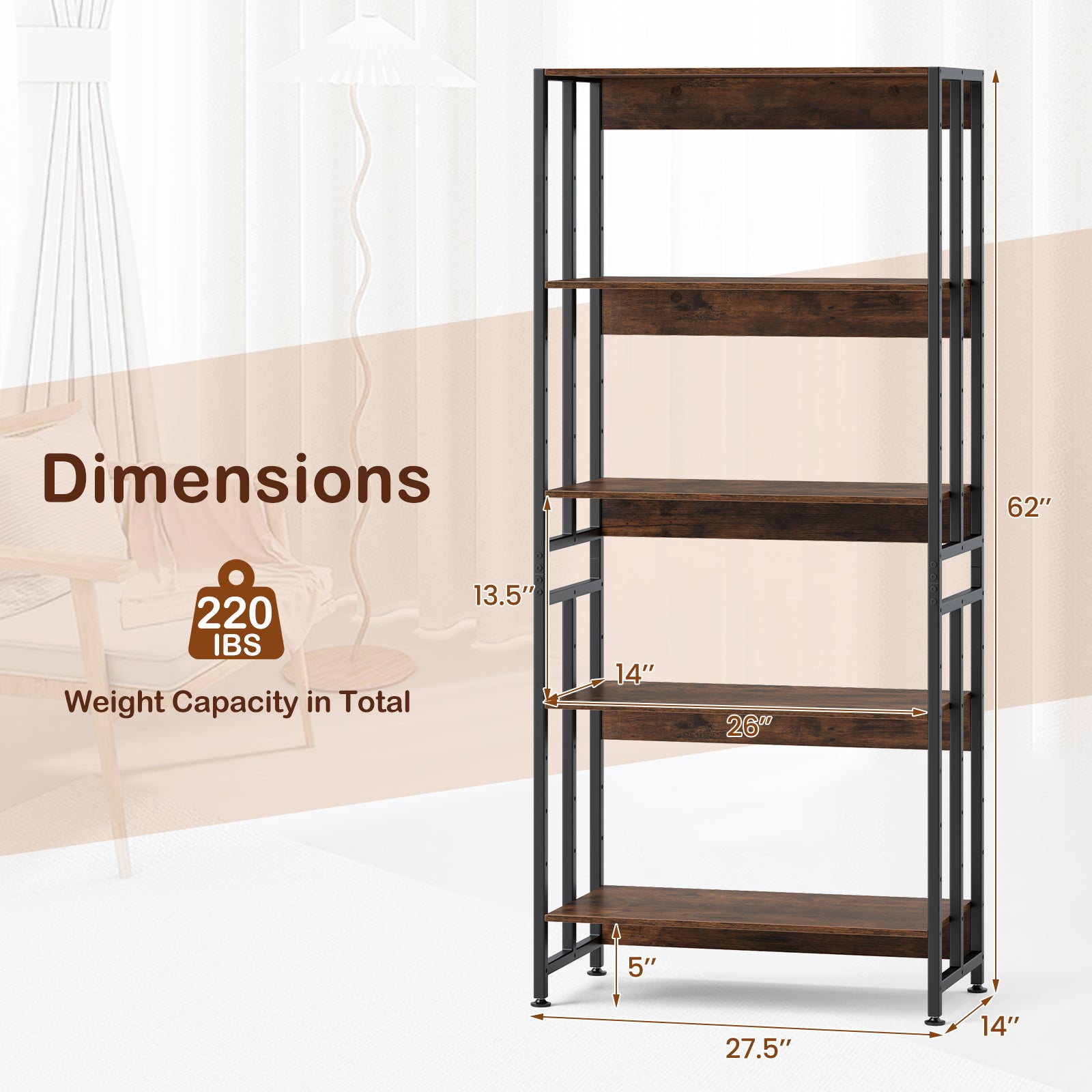 5-Tier Bookshelf with Adjustable and Tiltable Shelves, Rustic Brown Bookcases at Gallery Canada
