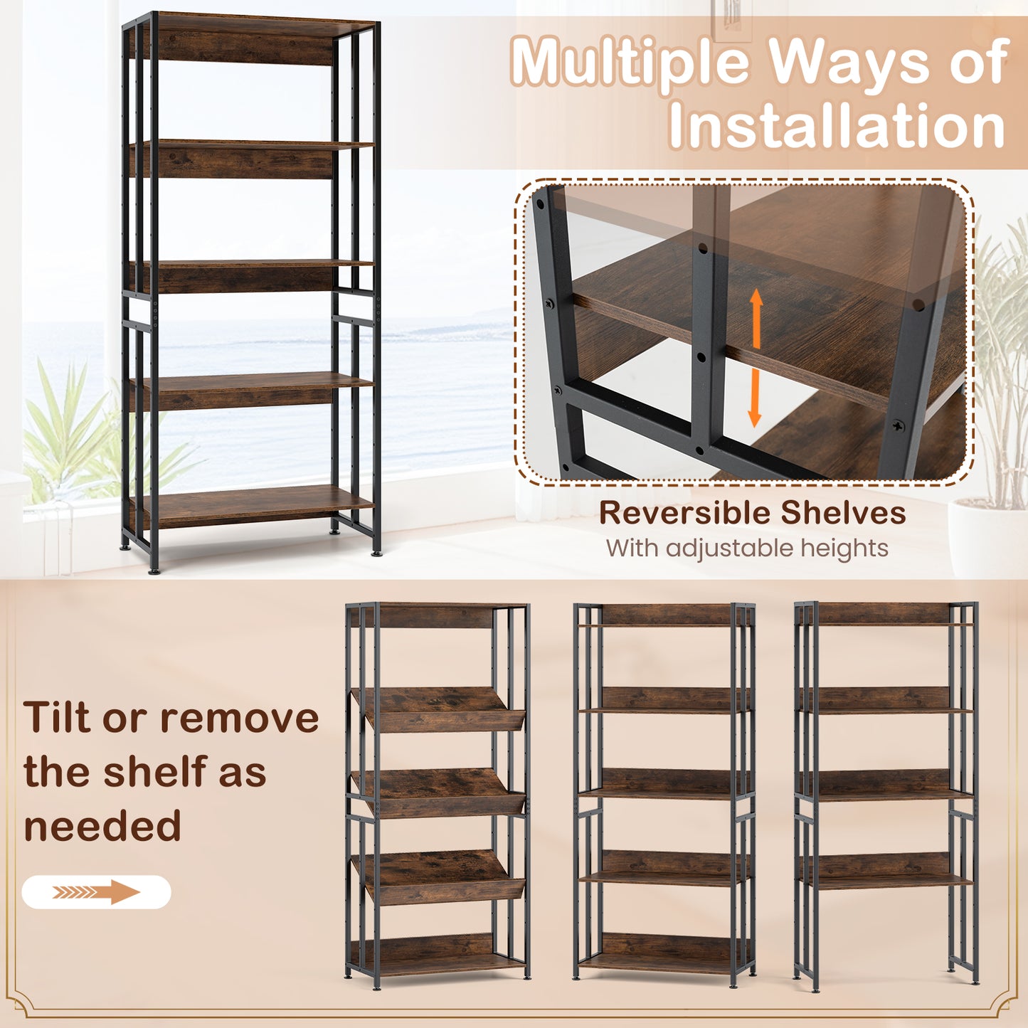 5-Tier Bookshelf with Adjustable and Tiltable Shelves, Rustic Brown Bookcases at Gallery Canada