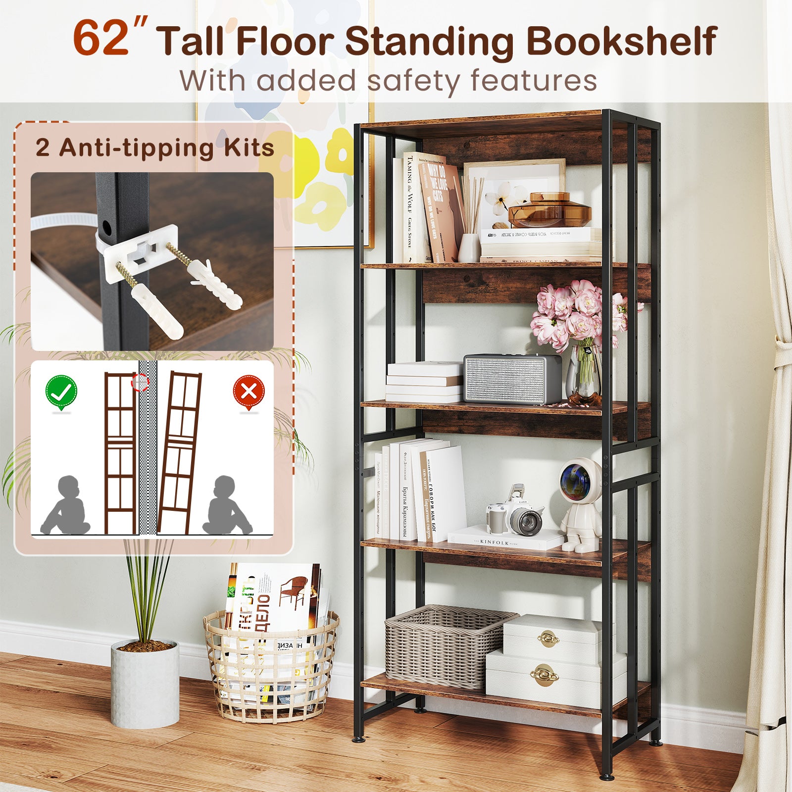 5-Tier Bookshelf with Adjustable and Tiltable Shelves, Rustic Brown Bookcases at Gallery Canada