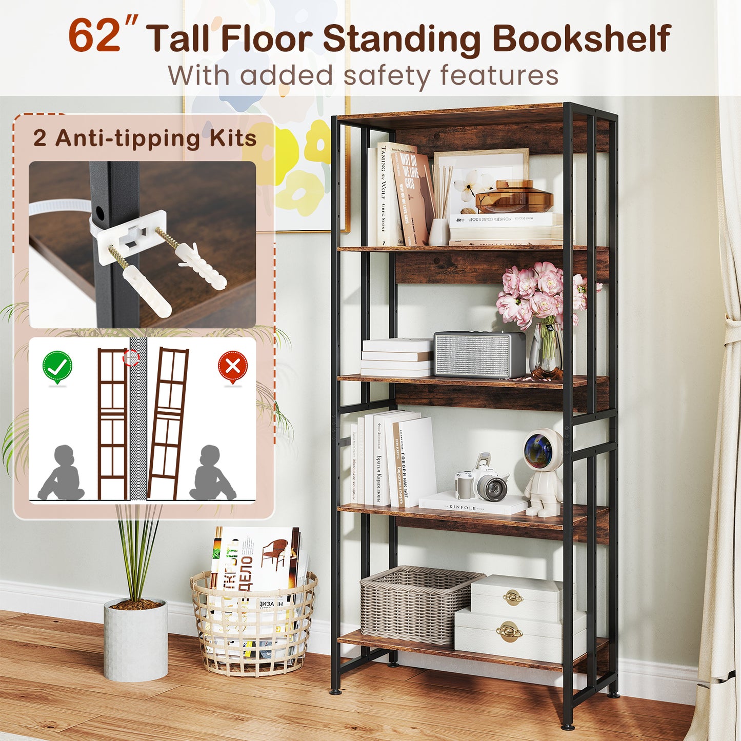5-Tier Bookshelf with Adjustable and Tiltable Shelves, Rustic Brown Bookcases at Gallery Canada