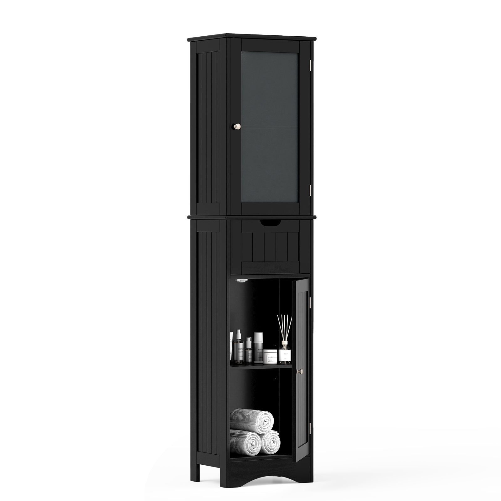 Tall Floor Storage Cabinet with 2 Doors and 1 Drawer for Bathroom, Black Floor Cabinets Black at Gallery Canada
