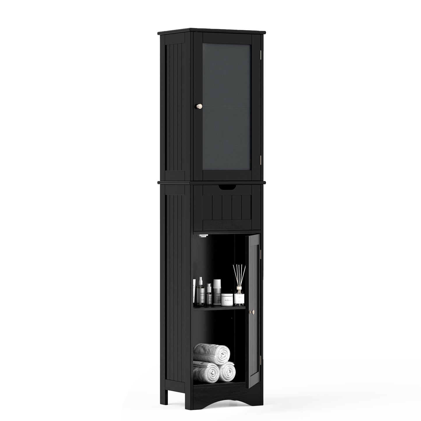 Tall Floor Storage Cabinet with 2 Doors and 1 Drawer for Bathroom, Black Floor Cabinets Black at Gallery Canada