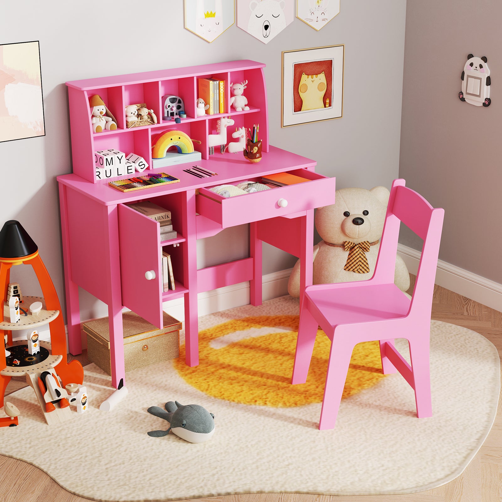 Kids Study Desk and Chair Set with Chair Hutch and Storage Cabinet for 3+ Years Old, Pink Kids Vanities at Gallery Canada