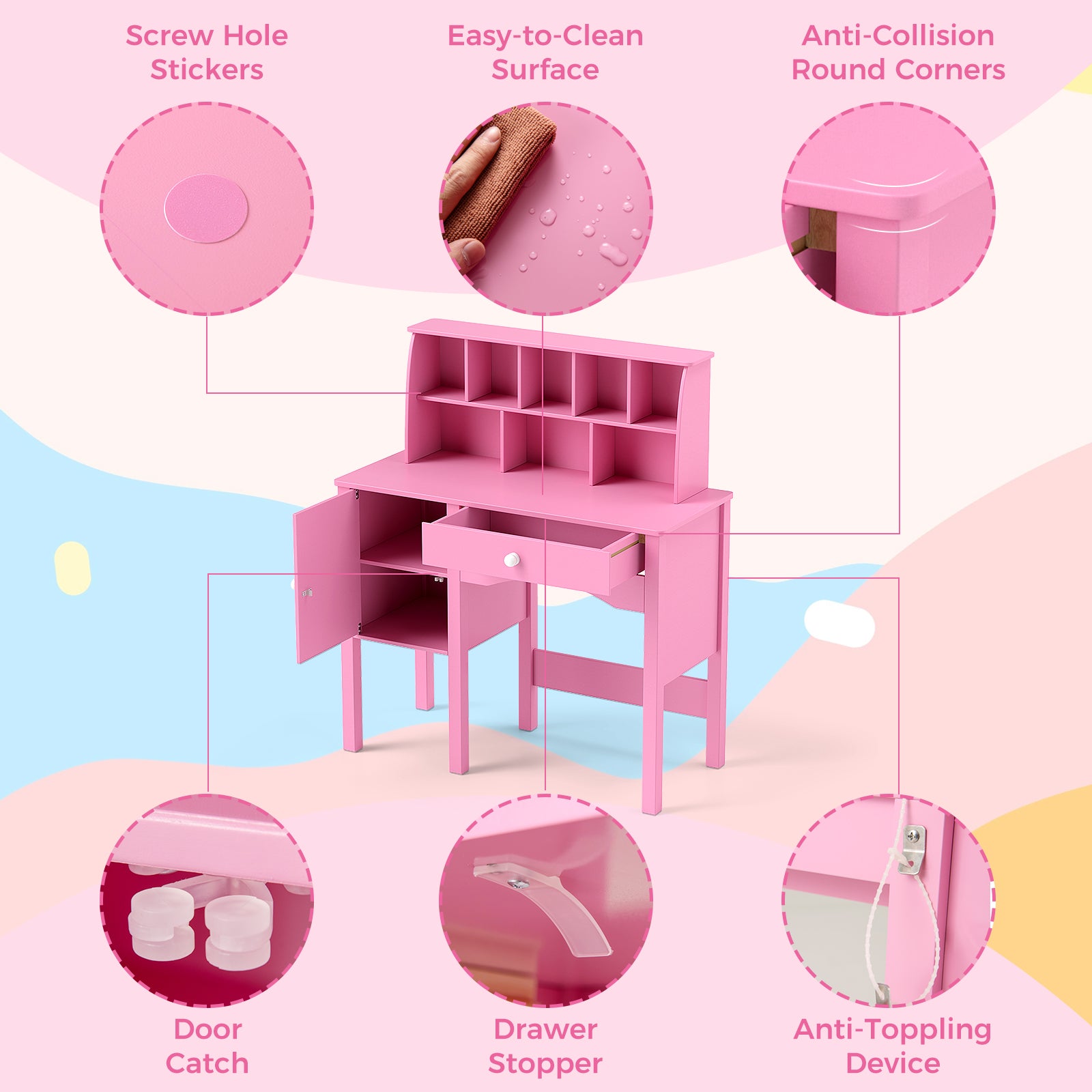 Kids Study Desk and Chair Set with Chair Hutch and Storage Cabinet for 3+ Years Old, Pink Kids Vanities at Gallery Canada