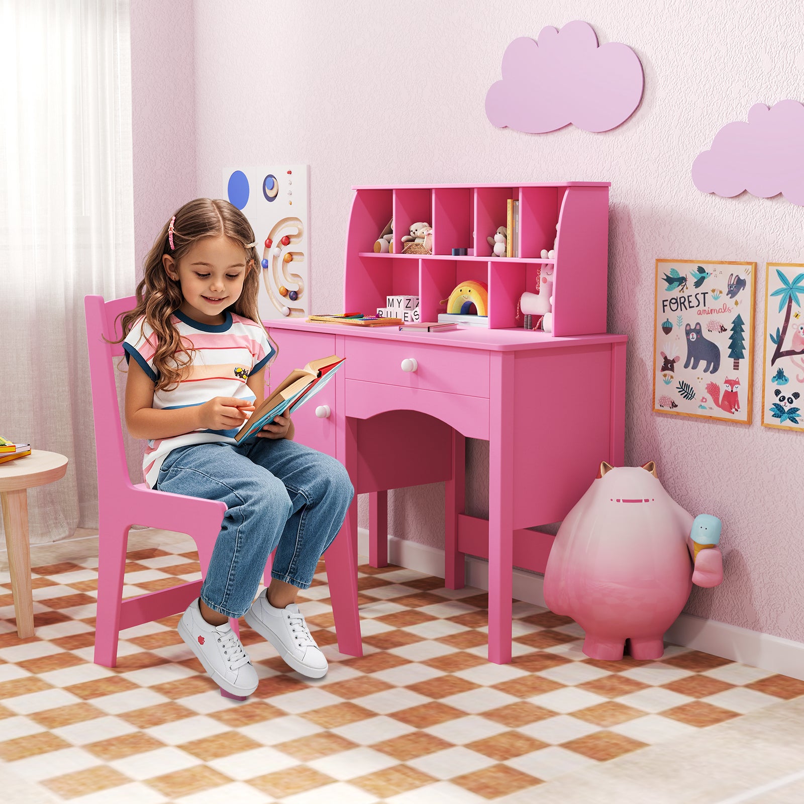 Kids Study Desk and Chair Set with Chair Hutch and Storage Cabinet for 3+ Years Old, Pink Kids Vanities at Gallery Canada