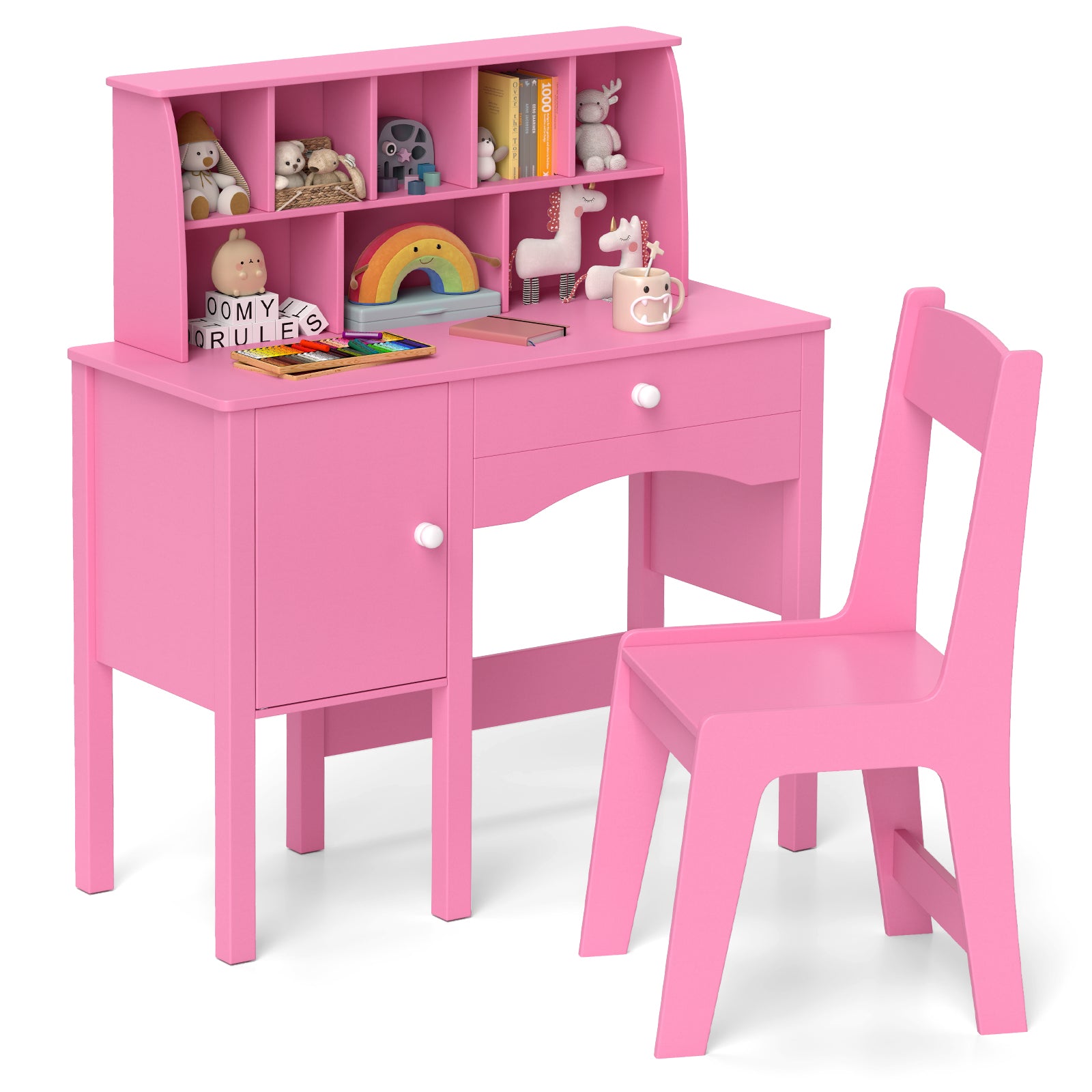 Kids Study Desk and Chair Set with Chair Hutch and Storage Cabinet for 3+ Years Old, Pink Kids Vanities at Gallery Canada