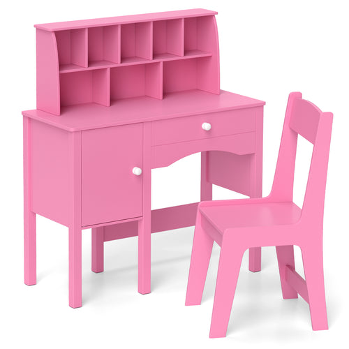 Kids Study Desk Chair Set With Hutch, Storage Cabinet, Pink