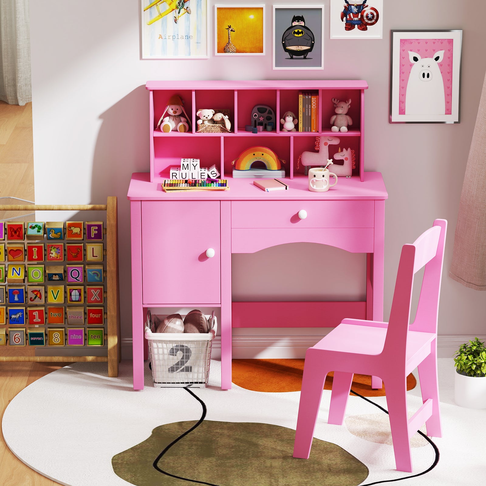 Kids Study Desk and Chair Set with Chair Hutch and Storage Cabinet for 3+ Years Old, Pink Kids Vanities at Gallery Canada
