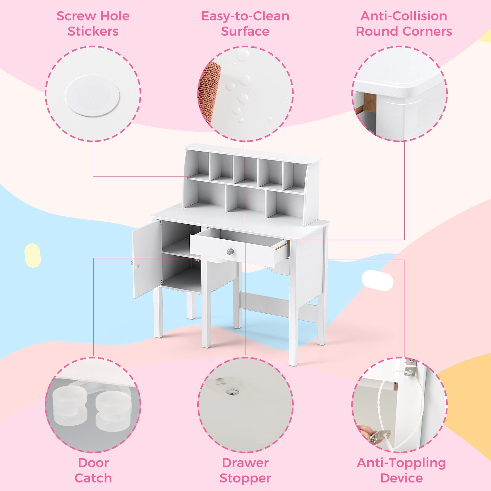Kids Study Desk and Chair Set with Chair Hutch and Storage Cabinet for 3+ Years Old, White Kids Vanities at Gallery Canada