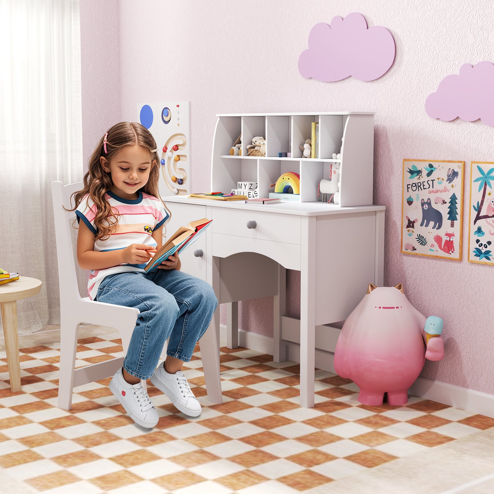 Kids Study Desk and Chair Set with Chair Hutch and Storage Cabinet for 3+ Years Old, White Kids Vanities at Gallery Canada