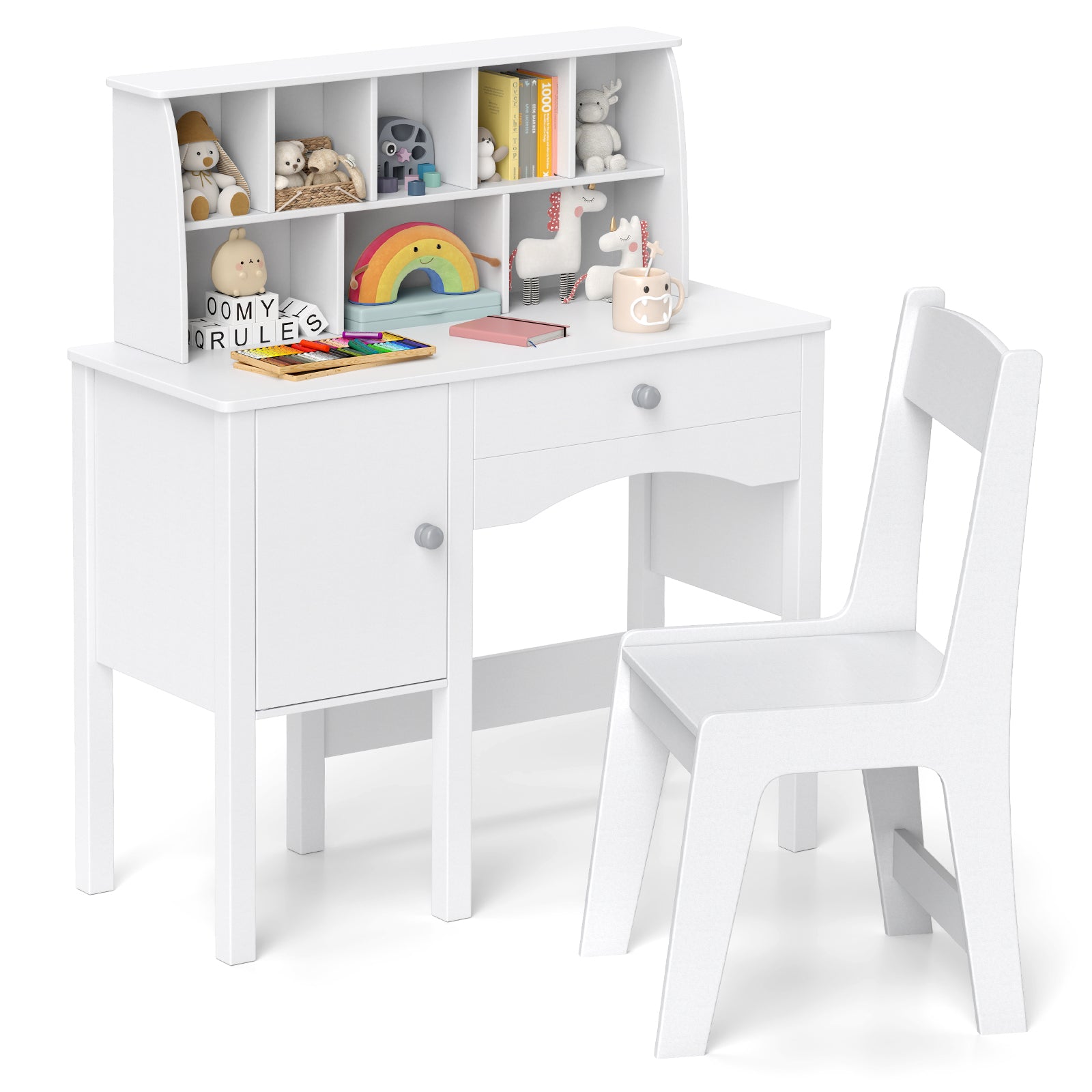 Kids Study Desk and Chair Set with Chair Hutch and Storage Cabinet for 3+ Years Old, White Kids Vanities at Gallery Canada