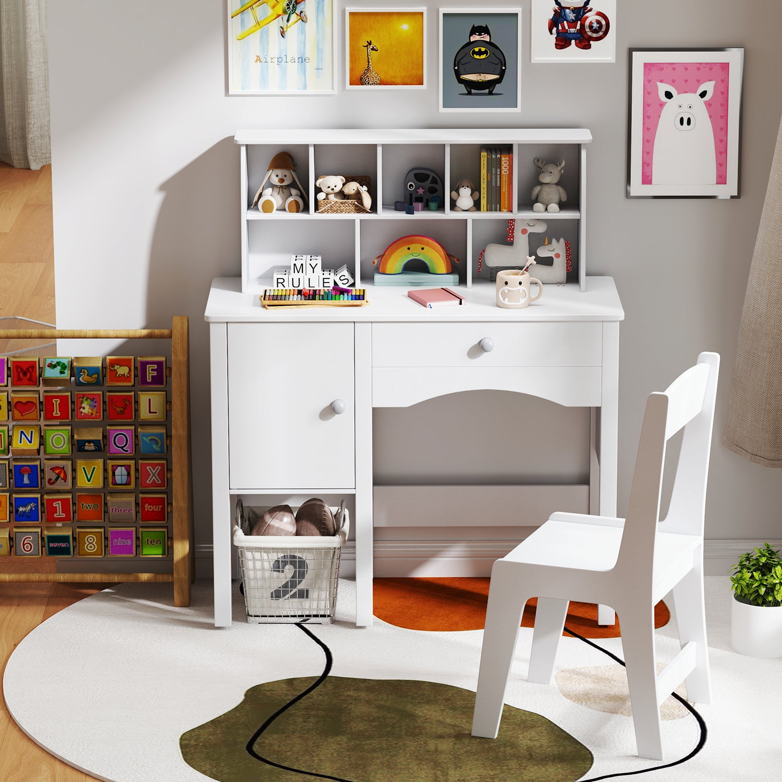 Kids Study Desk and Chair Set with Chair Hutch and Storage Cabinet for 3+ Years Old, White Kids Vanities at Gallery Canada