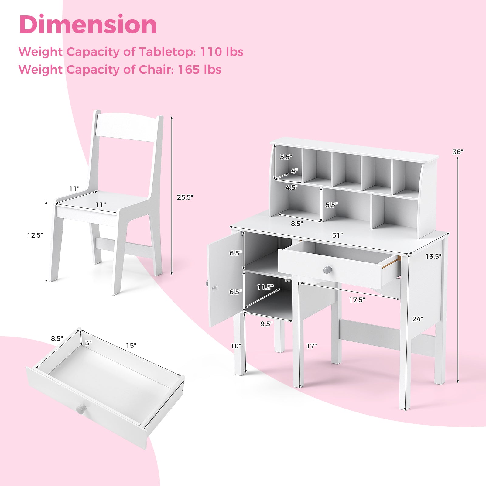Kids Study Desk and Chair Set with Chair Hutch and Storage Cabinet for 3+ Years Old, White Kids Vanities at Gallery Canada