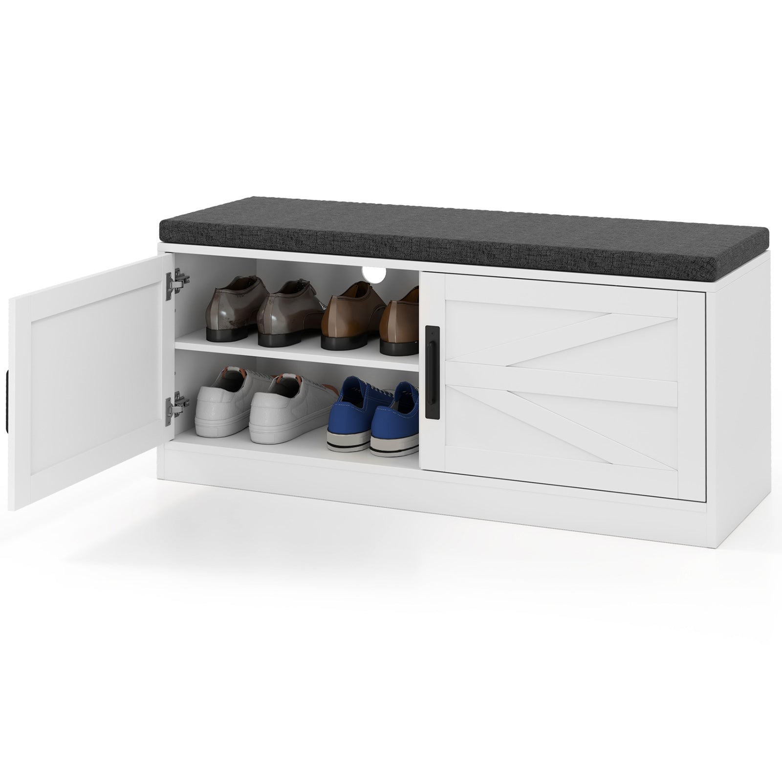 Shoe Bench with Cushion Farmhouse Shoe Rack Organizer with 2 Barn Doors, White Shoe Racks & Storage Benches at Gallery Canada