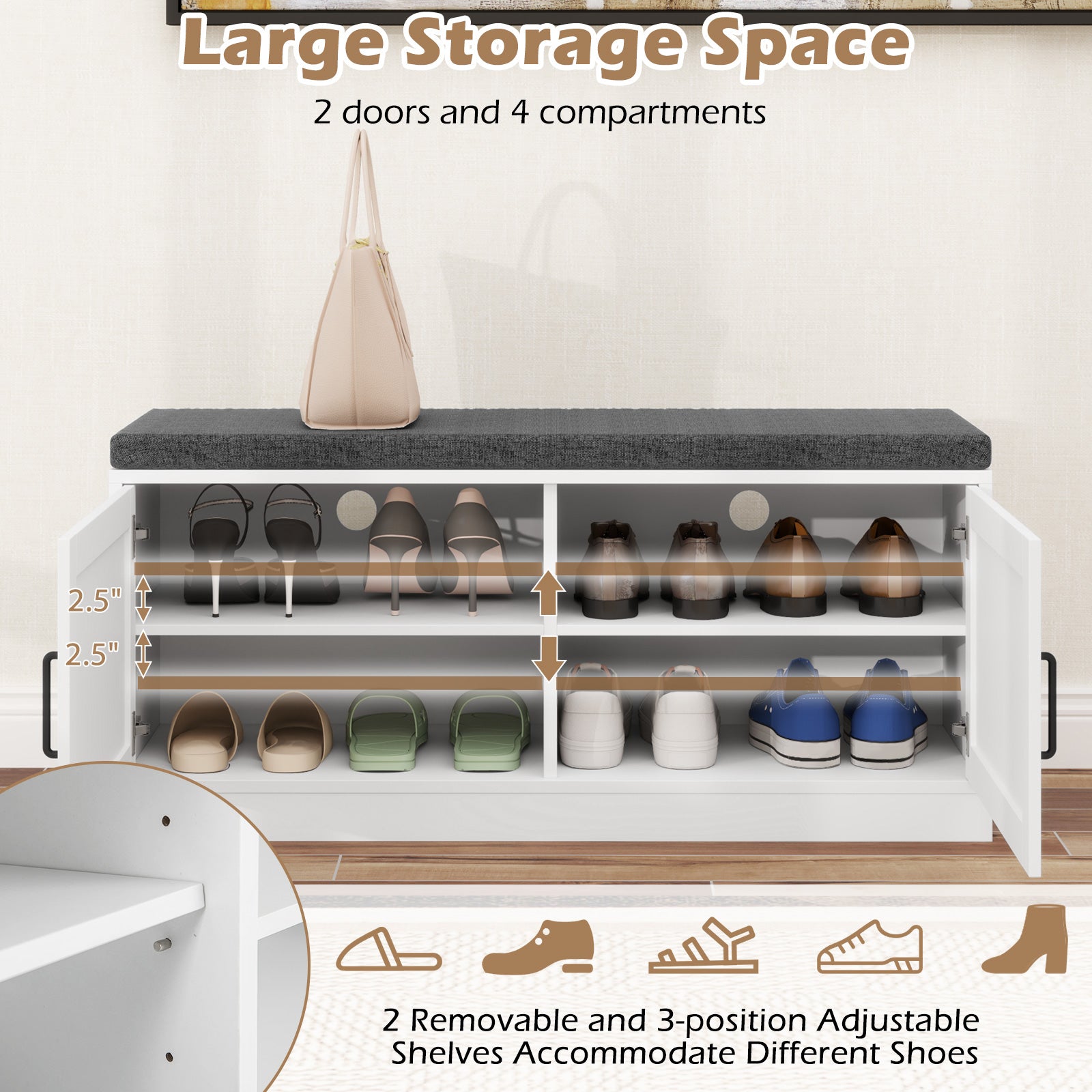 Shoe Bench with Cushion Farmhouse Shoe Rack Organizer with 2 Barn Doors, White Shoe Racks & Storage Benches at Gallery Canada