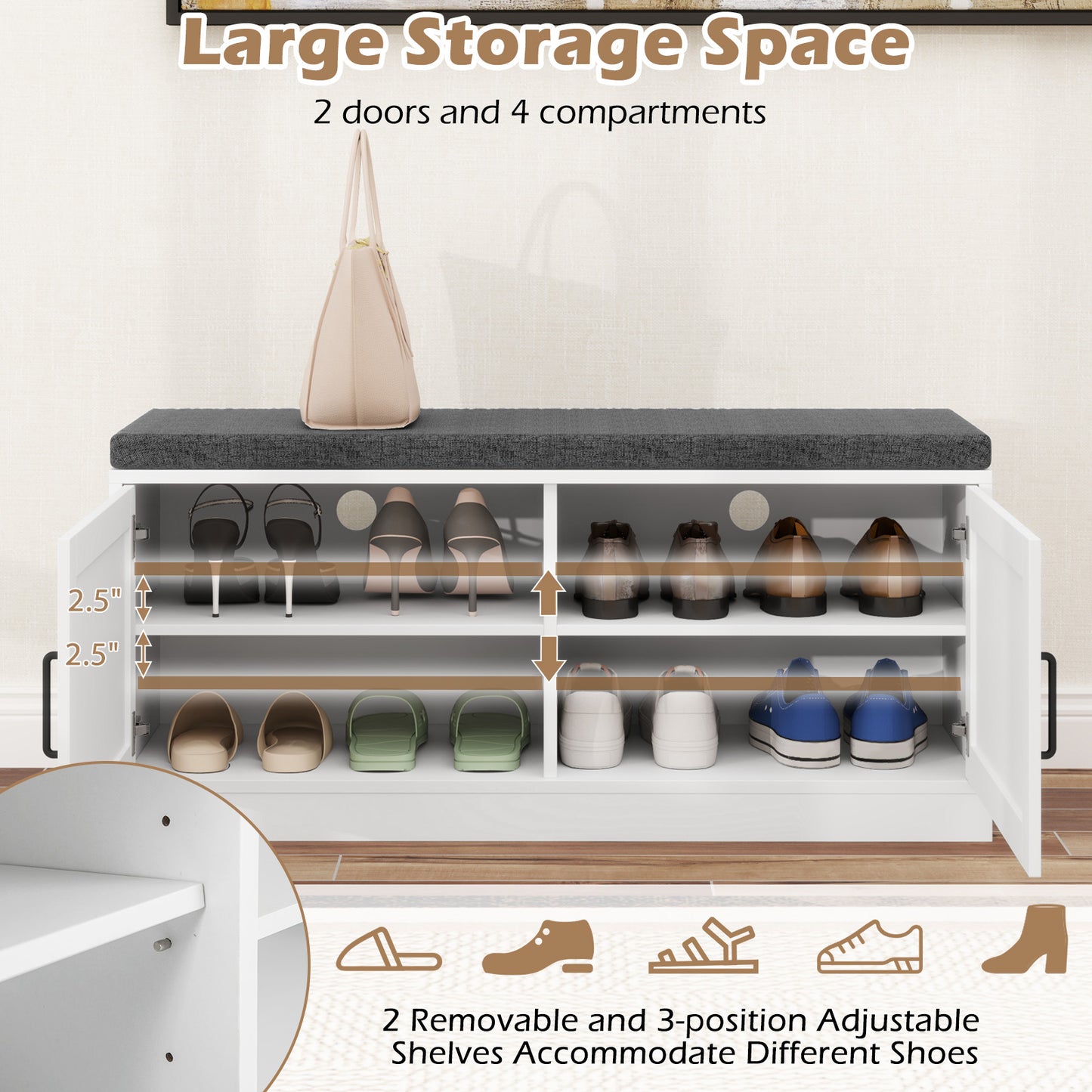 Shoe Bench with Cushion Farmhouse Shoe Rack Organizer with 2 Barn Doors, White Shoe Racks & Storage Benches at Gallery Canada