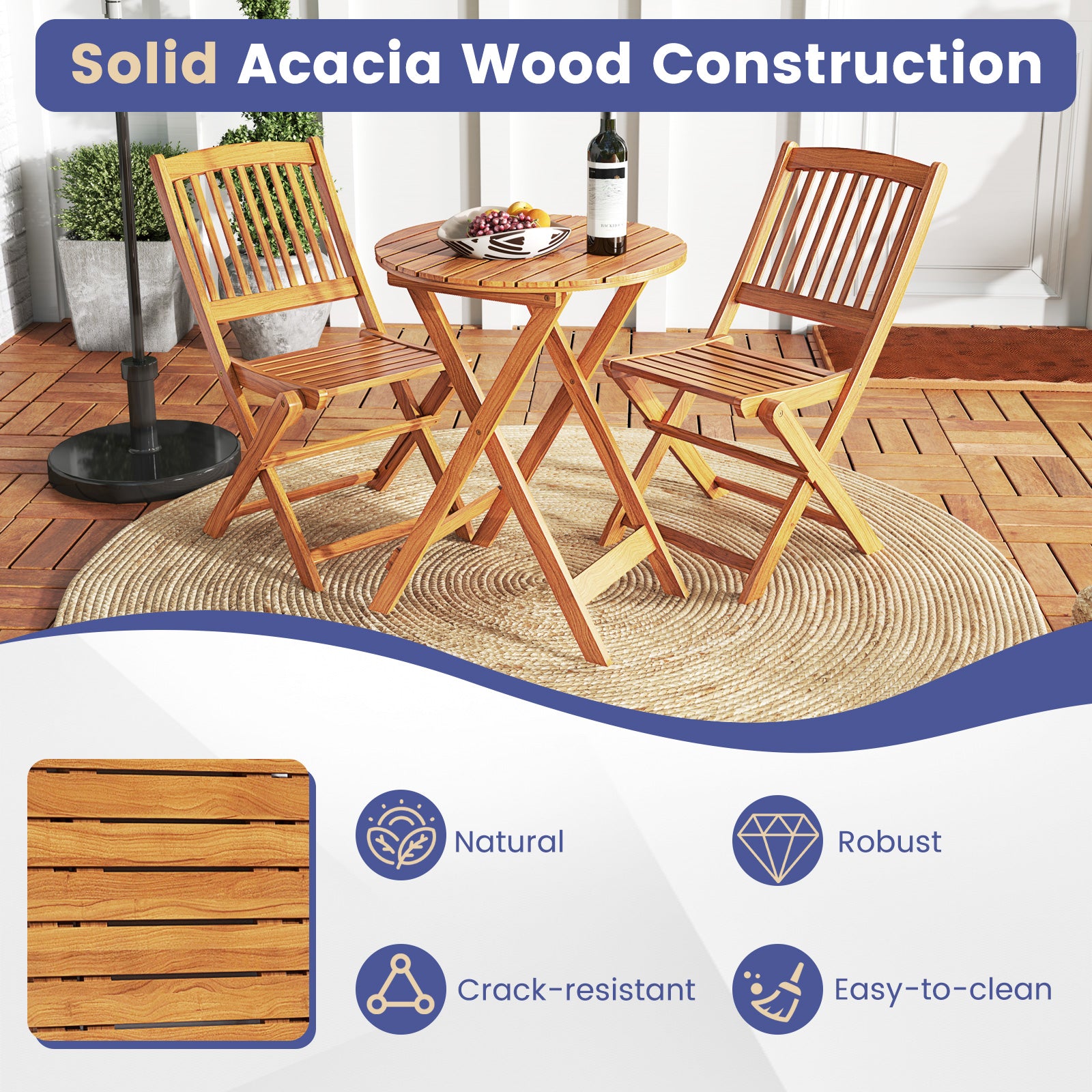 3 Pieces Acacia Wood Patio Folding Bistro Set with Soft Cushions, Navy Patio Conversation Sets at Gallery Canada
