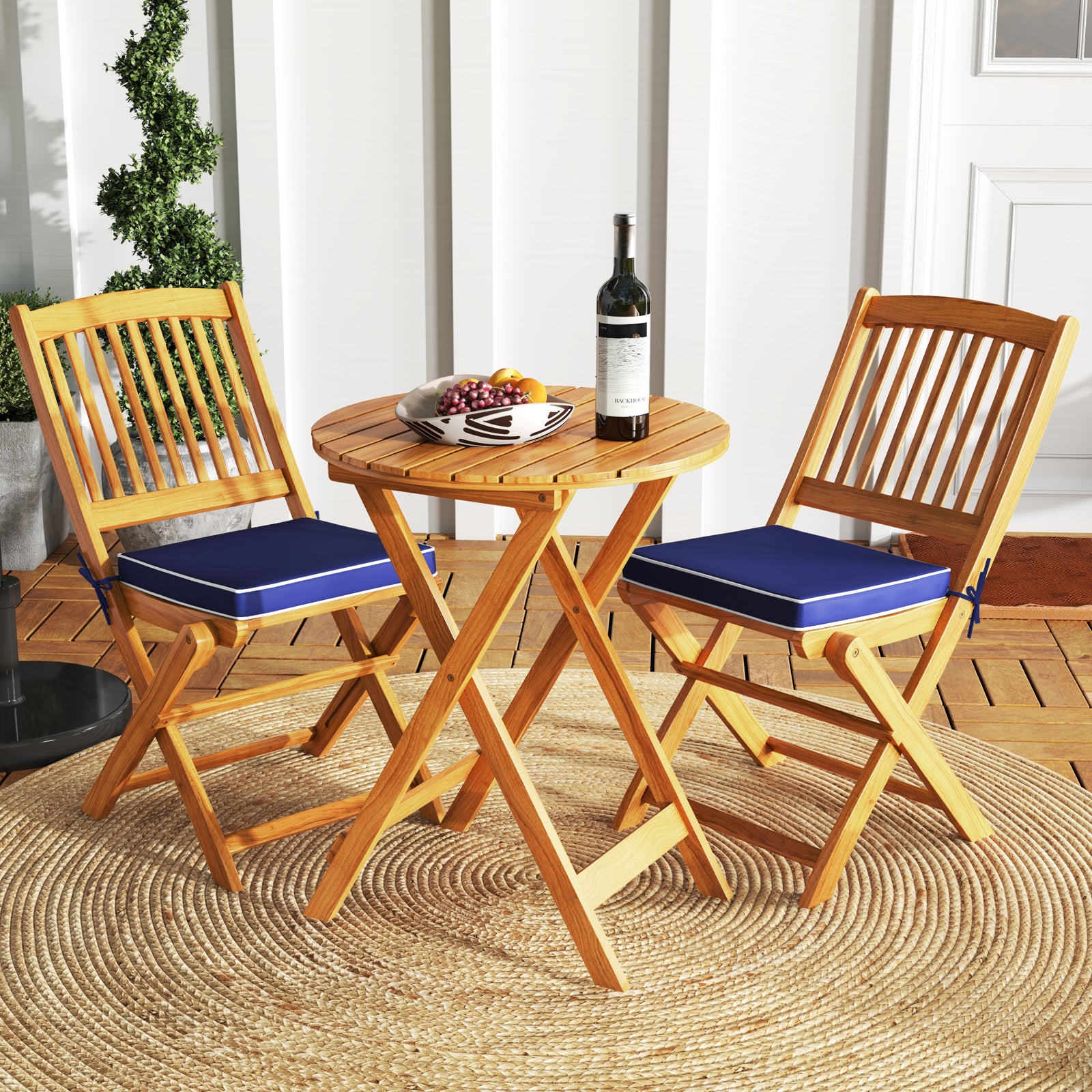 3 Pieces Acacia Wood Patio Folding Bistro Set with Soft Cushions, Navy Patio Conversation Sets at Gallery Canada