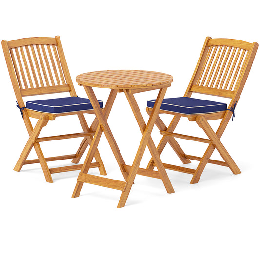 Acacia Wood Patio Folding Bistro Set, 3 Pieces, Cushions, Navy Patio Conversation Sets Navy at Gallery Canada