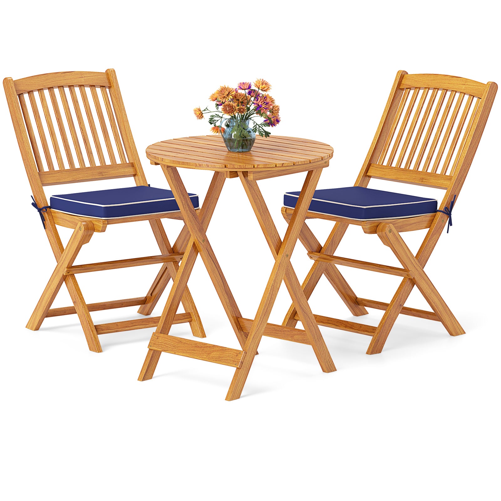 3 Pieces Acacia Wood Patio Folding Bistro Set with Soft Cushions, Navy Patio Conversation Sets at Gallery Canada