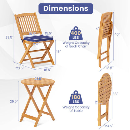 3 Pieces Acacia Wood Patio Folding Bistro Set with Soft Cushions, Navy Patio Conversation Sets at Gallery Canada