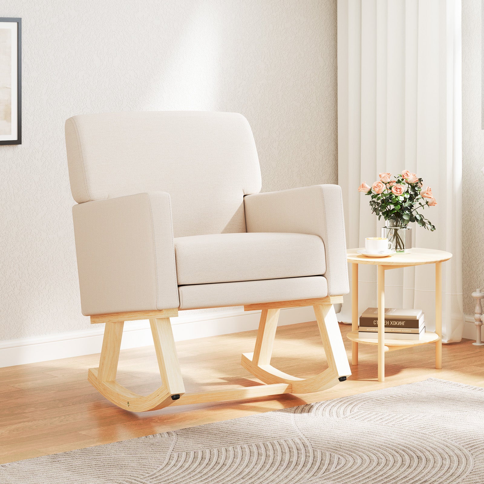 Upholstered Rocking Chair with and Solid Wood Base, Beige Accent Chairs at Gallery Canada