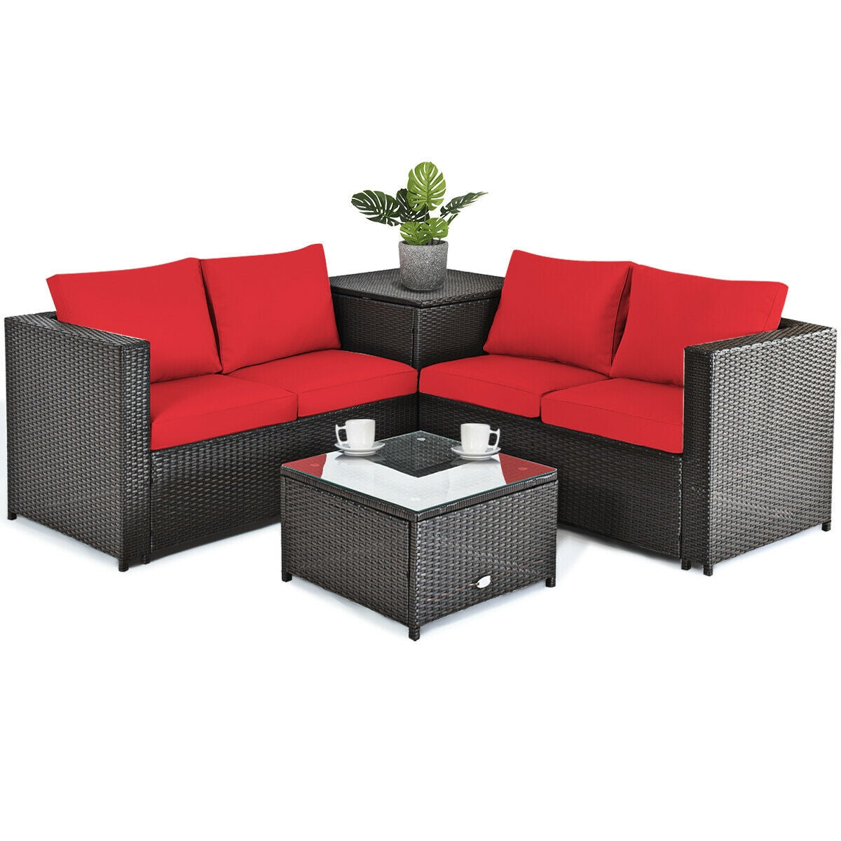 4 Pieces Outdoor Patio Rattan Furniture Set with Cushioned Loveseat and Storage Box, Red Outdoor Sectionals at Gallery Canada