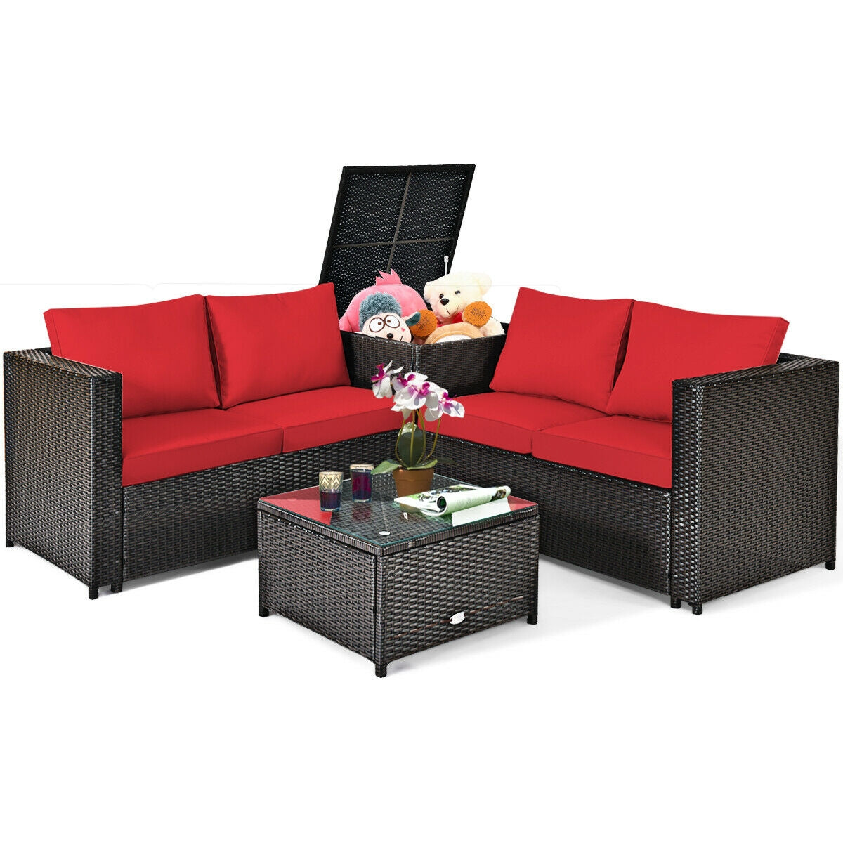 4 Pieces Outdoor Patio Rattan Furniture Set with Cushioned Loveseat and Storage Box, Red Outdoor Sectionals at Gallery Canada
