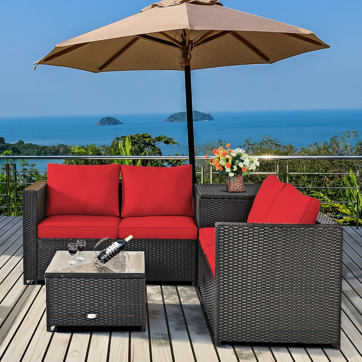 4 Pieces Outdoor Patio Rattan Furniture Set with Cushioned Loveseat and Storage Box, Red Outdoor Sectionals at Gallery Canada
