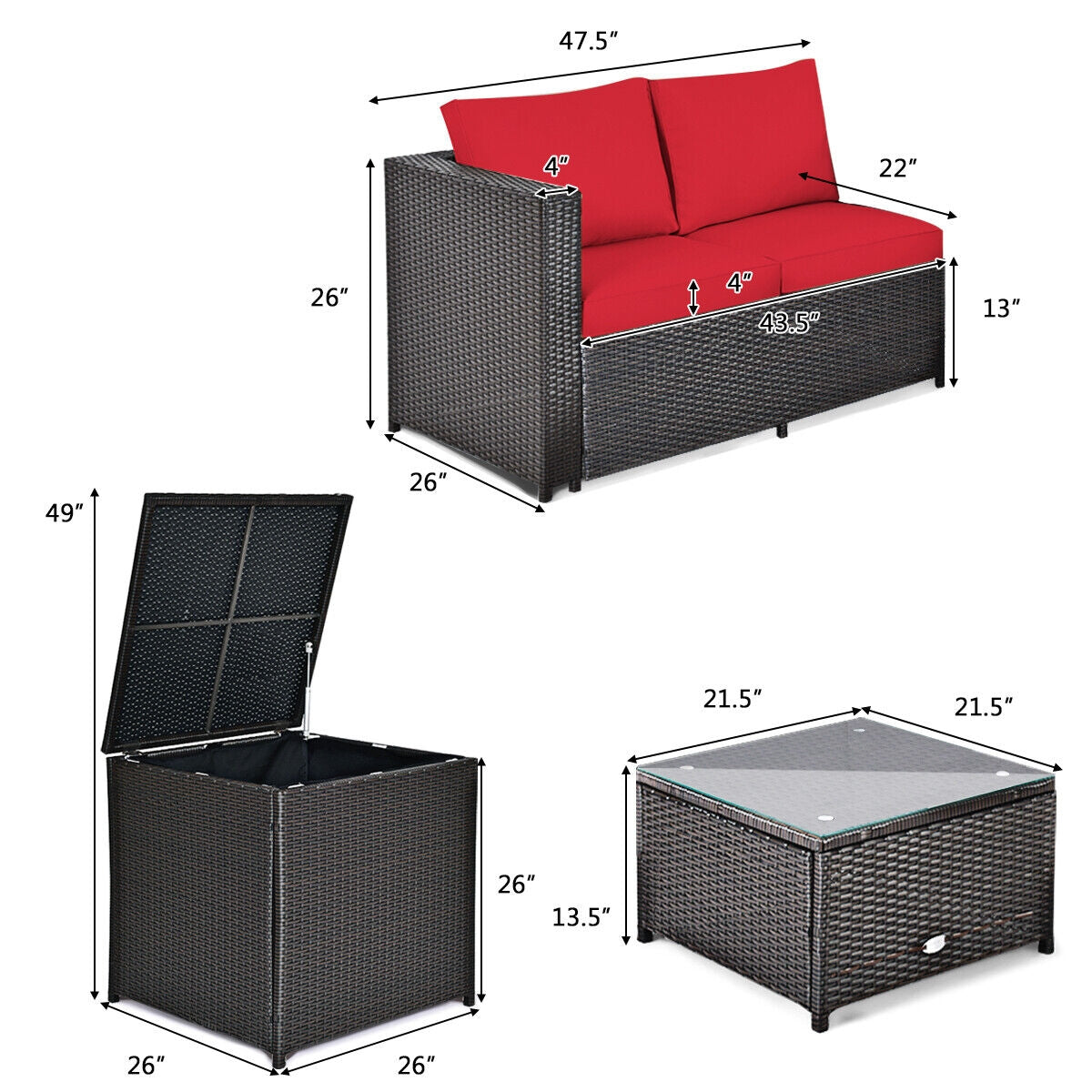 4 Pieces Outdoor Patio Rattan Furniture Set with Cushioned Loveseat and Storage Box, Red Outdoor Sectionals at Gallery Canada