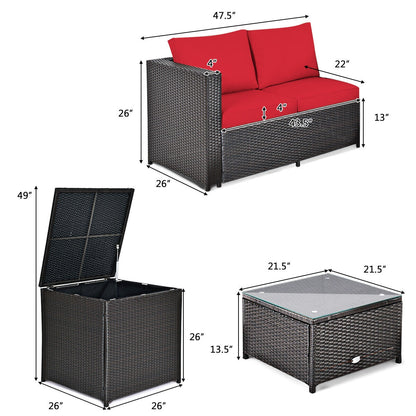 4 Pieces Outdoor Patio Rattan Furniture Set with Cushioned Loveseat and Storage Box, Red Outdoor Sectionals at Gallery Canada
