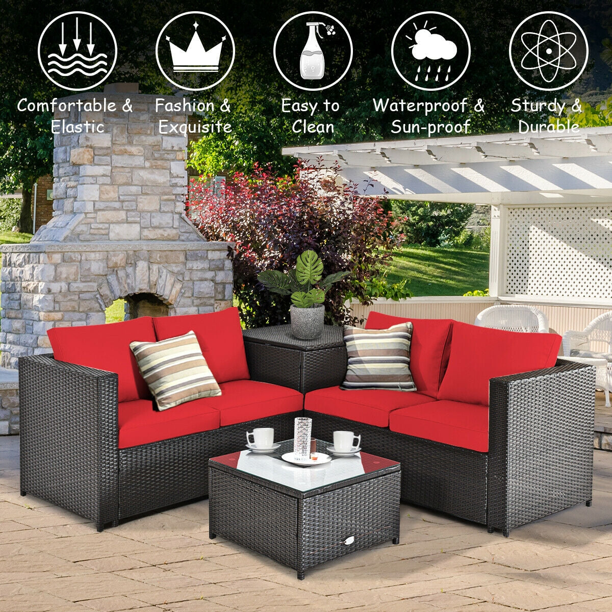 4 Pieces Outdoor Patio Rattan Furniture Set with Cushioned Loveseat and Storage Box, Red Outdoor Sectionals at Gallery Canada
