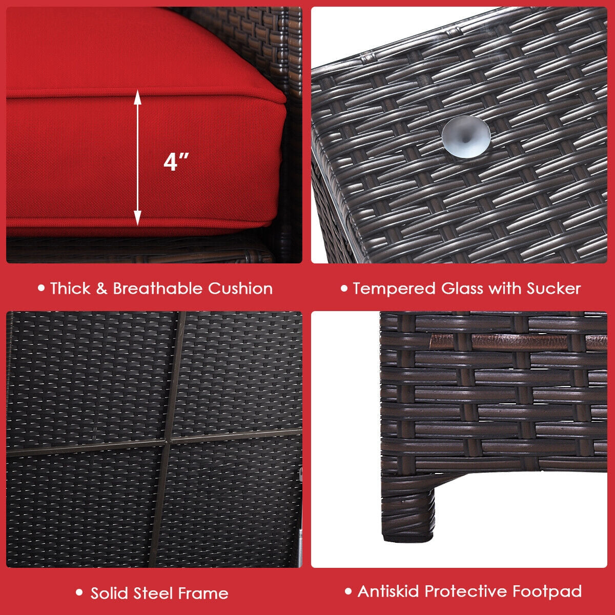 4 Pieces Outdoor Patio Rattan Furniture Set with Cushioned Loveseat and Storage Box, Red Outdoor Sectionals at Gallery Canada