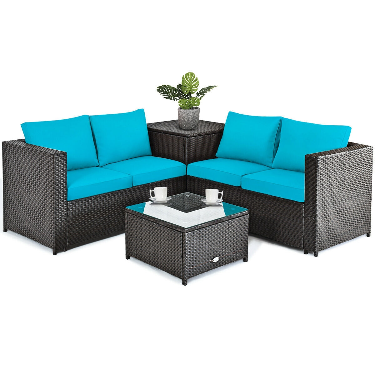4 Piece Outdoor Patio Rattan Furniture Set, Turquoise