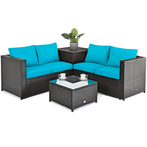 4 Piece Outdoor Patio Rattan Furniture Set, Turquoise