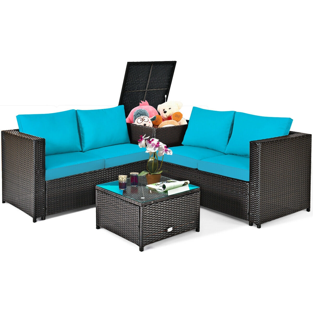 4 Pieces Outdoor Patio Rattan Furniture Set with Cushioned Loveseat and Storage Box, Turquoise Outdoor Sectionals at Gallery Canada