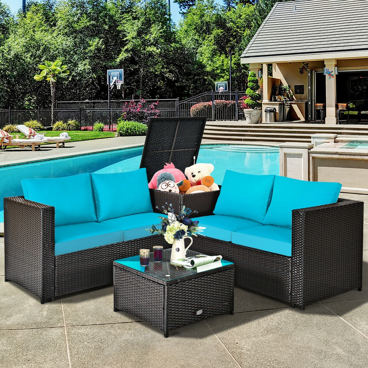 4 Pieces Outdoor Patio Rattan Furniture Set with Cushioned Loveseat and Storage Box, Turquoise Outdoor Sectionals at Gallery Canada