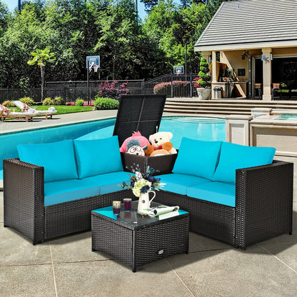 4 Pieces Outdoor Patio Rattan Furniture Set with Cushioned Loveseat and Storage Box, Turquoise Outdoor Sectionals at Gallery Canada