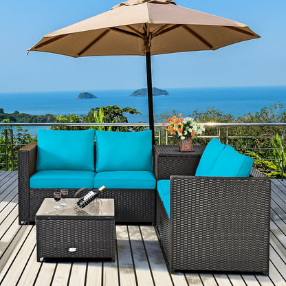 4 Pieces Outdoor Patio Rattan Furniture Set with Cushioned Loveseat and Storage Box, Turquoise Outdoor Sectionals at Gallery Canada